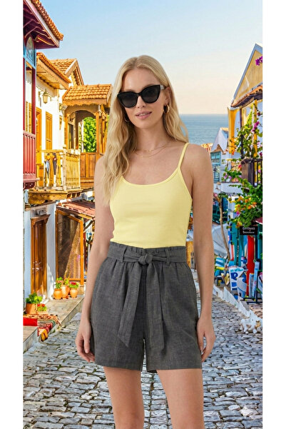Hale Shop Keten Beli Lastikli Kumaş Kemerli Gri Şort