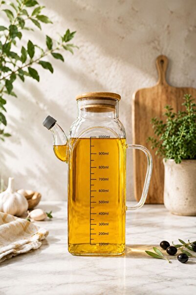 Karçiçeği Home Borosilikat Bambu Kapaklı Cam Yağlık 1000 ML | Ölçekli Isıya D...
