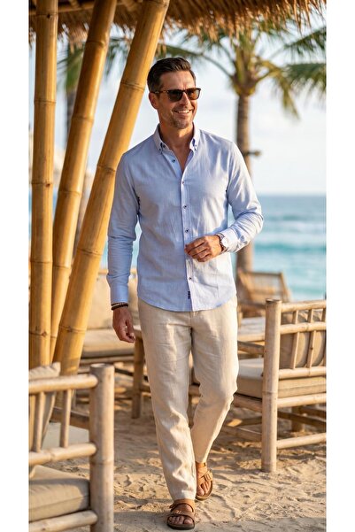 MEGALDİ Erkek Linen Keten Slim Fit Mavi Uzun Kollu Gömlek