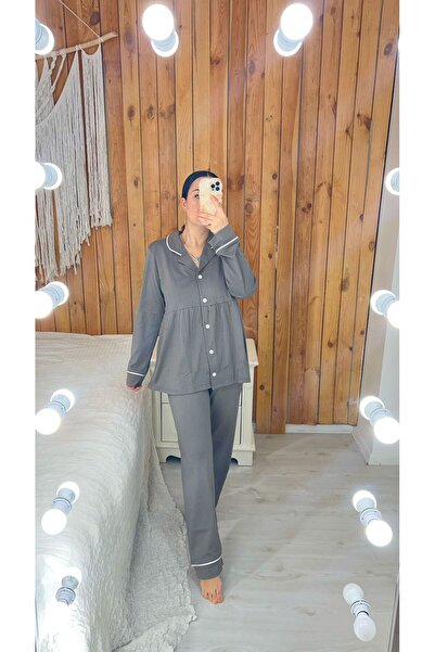 Pijamapartisi Gray Color Cotton Fabric Pleated Maternity and Postpartum Pajam...