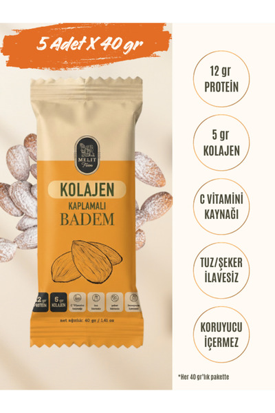 Kolajen Kaplı Badem 5'li Paket (40 gr x 5 Adet) - 5g Kolajen, 12g Protein, C Vitaminli