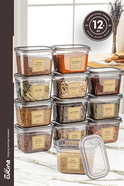 Stile Cucina 12li Büyük Boy Plastik Kapak Dikdörtgen Saklama Kabı Seti Etiket...