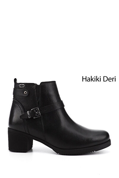GÖNDERİ(R) Kadın Siyah Floter Fermuarlı Kalın Topuklu Hakiki Deri Bot