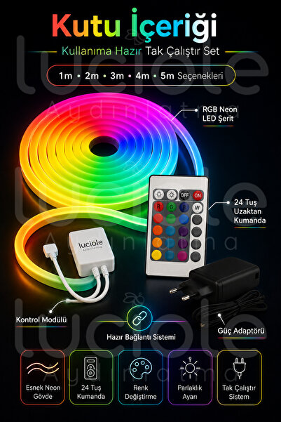luciole 2 Metre RGB Neon Şerit LED Işık | AuraFlex Serisi | Esnek Silikon Yapı & Kumandalı Renkli Aydınlatma