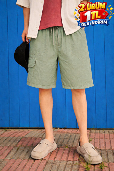 DAMGA JEANS Men's Premium Loose Cargo Pocket A.Green Linen Shorts
