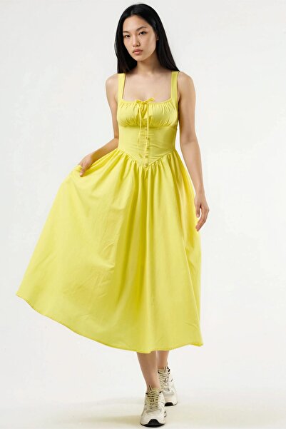 Hiccup Busem Buttoned Square Neck Midi Dress