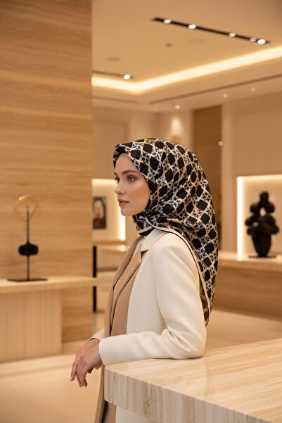 Vissona %100 Twill İpek Geometrik Desenli Siyah - Bej Renkli 90x90 Eşarp Diki...