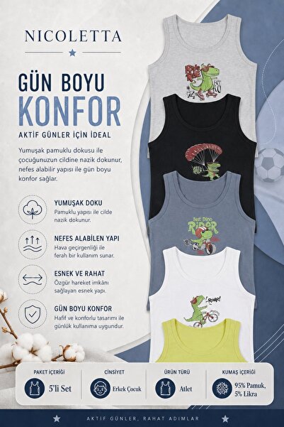 Tom John Erkek Çocuk Atlet Geniş Askılı Dinazor Baskılı Pamuklu Likralı Tişört