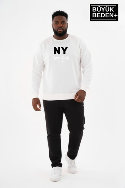 Süperlife Men's Large Size Ny New York Printed Crew Neck Slim Sweatshirt Spr2...