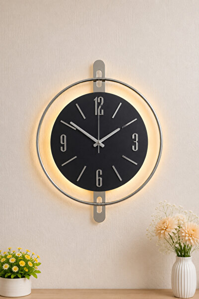 Pey Aksesuar 50x70 cm Metal Ahşap Ve Işığın Muhteşem Uyumu Duvar Saati dekoratif
