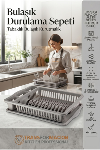 Transformacion GRİ Alessi Maxi Boy Tezgah Üstü Tabaklık Bulaşık Kurutmalık ve...