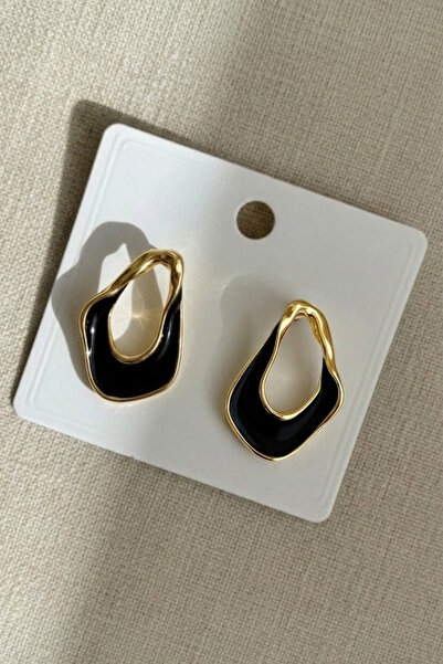 Crc Bijuteri Asymmetrical Black Enameled Gold Color Women's Earrings
