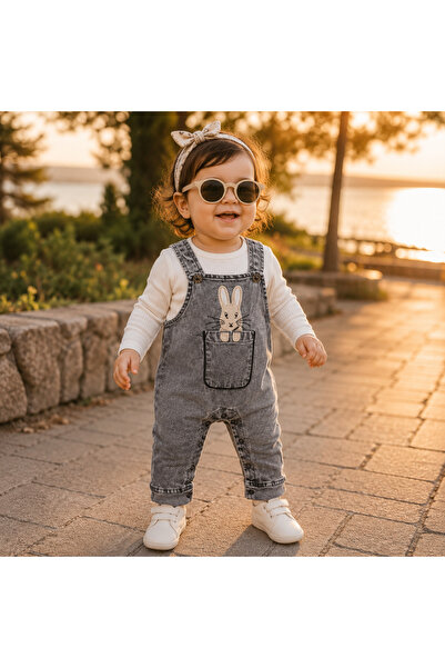 Bebelul Murat baby girl grey overalls with white top and bunny print