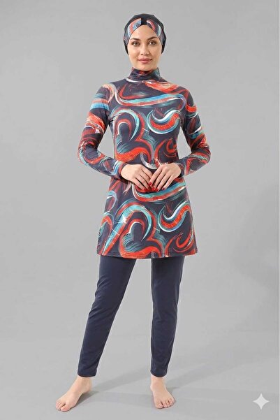 SUERTO Patterned Long Sleeve Ruffled Knitted Stretchy Pants Hijab Swimsuit Set