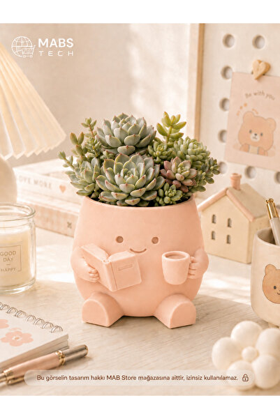Cute Reading Flower Pot – Beige - Decorative Table & Bookcase Object for Succulent and Cactus