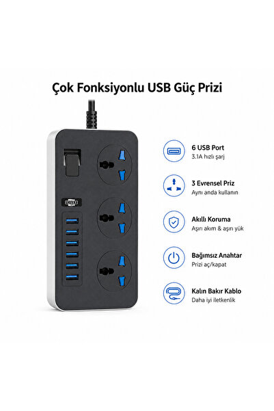 Lisa Butik Akım Korumalı 6 Usb'li 3'lü Grup Priz Uzatma Kablosu T09 Akım Priz