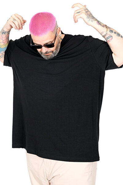 ModeXL Mode XL Büyük Beden Unisex Likralı T-shirt Bisiklet Yaka 20149 Siyah