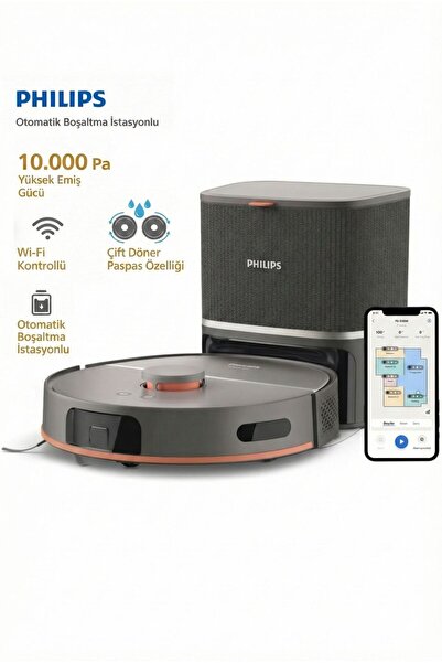 Philips 10.000 Pa Yüksek Emiş Gücü ve Çift Döner Paspaslı Islak Kuru Robot Sü...