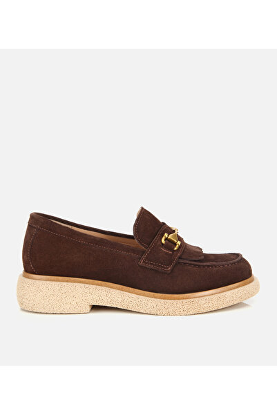 Hotiç Women's Suede Leather Brown Tasseled Buckle Casual Loafer