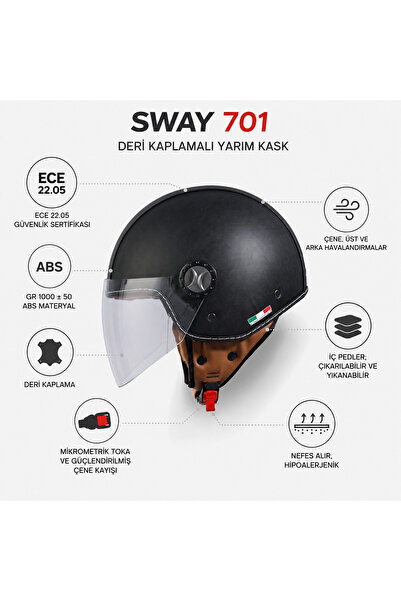 Sway 701 Deri Kaplı Yarı Camlı Elektrikli Bisiklet Motosiklet Scooter Kaskı 2...
