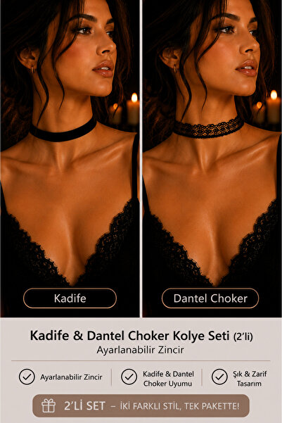 Liora De Mar Kadife & Dantel Choker Kolye Seti – Ayarlanabilir Zincirli, Mini...
