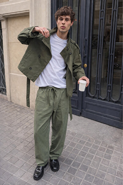 DAMGA JEANS Men's Trend Low Waist Loose Green Linen Trousers