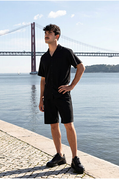 DAMGA JEANS Men's Relax Fit Shirt Basic Shorts Black Summer Linen Two-Piece Set