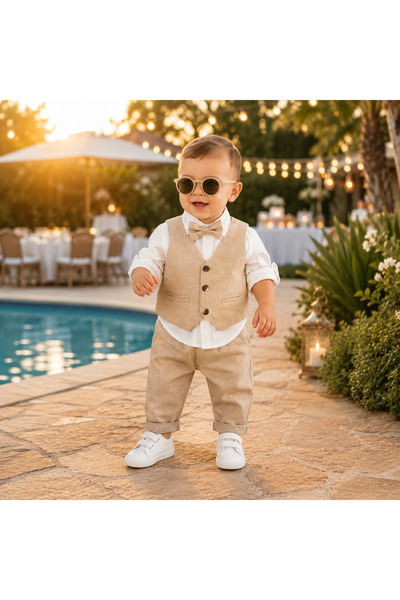 Bebelul Costum elegant pentru băieți cu vestă, cămașă, papion și pantaloni bej