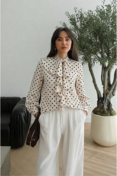 Noi Belis Puantiyeli Fırfır Detaylı Dokuma Gömlek SS26GO0010
