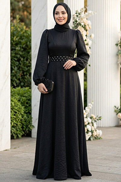 Neva Style Boncuk Detaylı Siyah Tesettür Abiye Elbise 23301S