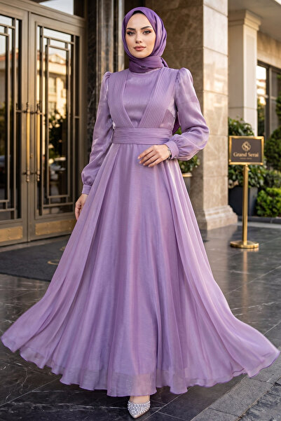 Neva Style Drape Detaylı Lila Tesettür Abiye Elbise 45701LILA