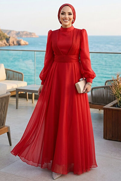 Neva Style Drape Detaylı Kırmızı Tesettür Abiye Elbise 45701K