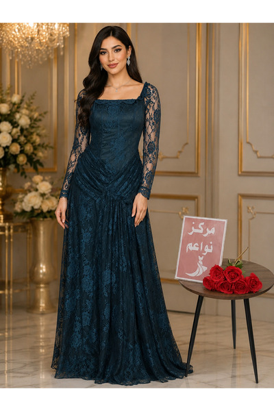 NAWAEIM Olive Green Lace Long Prom Dress with Puff Sleeves for Formal Occasions