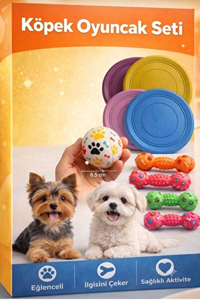 BOXLAND Küçük Irk Köpek Oyuncak Seti Sesli Mini Dumbbell + Frizbi + Tenis Topu