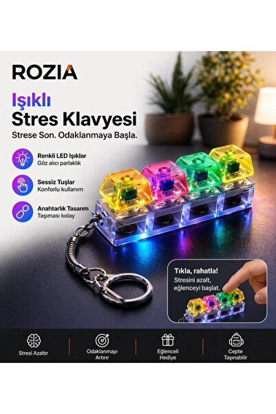 ROZIA RGB Işıklı Mekanik Tuşlu Stres Oyuncağı Fidget Toy Click Sesli Mini Kla...