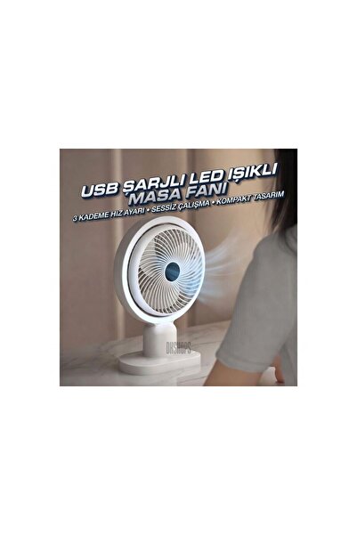 Sezy USB Şarjlı Lambalı Masaüstü Mini Fan – 3 Kademeli Hız Ayarlı 180 Derece ...