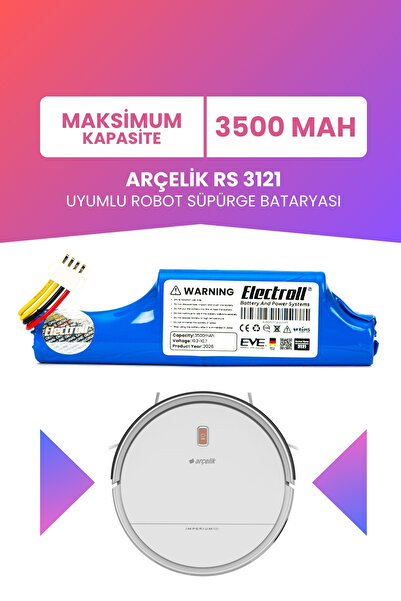 ELECTROLL Arçelik Rs 3121 Uyumlu Batarya (MAKSİMUM KAPASİTE) 3500mah Pil Robo...