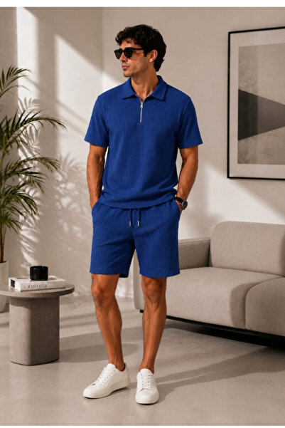 LU DUE Ottoman Fabric Casual Stylish Zippered Polo Collar T-Shirt and Shorts Set