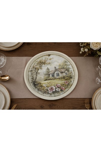 Zucci Home English Vintage Large Tea Serving Tray |   Country Cottage |   Round Large Presentation Tray - 36X36 cm