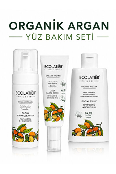 ECOLATIER 3’lü Cilt Bakım Seti Organik Argan Yüz Temizleme Köpüğü Toniği ve N...