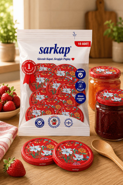 Sarkap Hijyenik Paketli 10 Adet Kavanoz Kapağı – Bordo Çiçekli Desen - 82mm