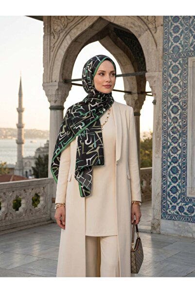 Vissona 100% Silk Striped Patterned Emerald Green - Khaki Color Shal