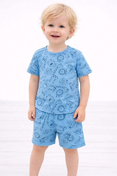 aden kids erkek çocuk mavi saferi baskılı yazlık pijama takımı