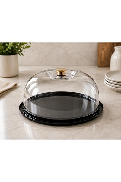 Doğanay Mutfak Kek Fanus Takımı Şeffaf Kristal Pasta Sunumluk Gold Tepeli 26.5cm