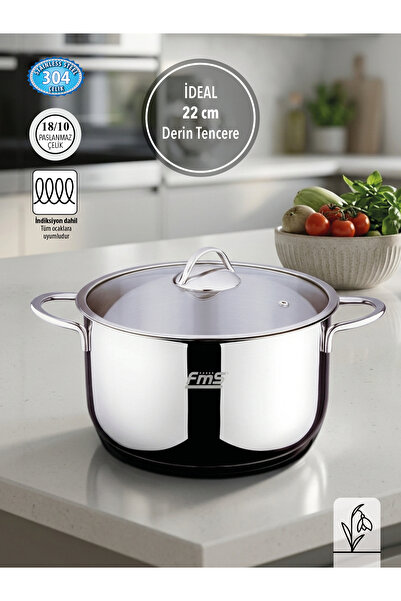 FMS 22 Cm İdeal Çelik Derin Tencere Metal | 4.6 L | 18/10 Paslanmaz | İndüksi...
