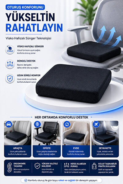 ANVA MED Visko Araç Ortopedik Oturma Minderi 44x44 cm – Hafızalı Sünger Kare ...