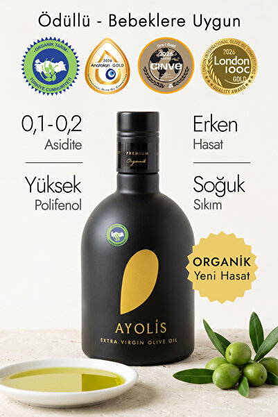 Ayolis Premium Organik Zeytinyağı 500 ml Ödüllü Soğuk Sıkım Bebek Natürel Sız...