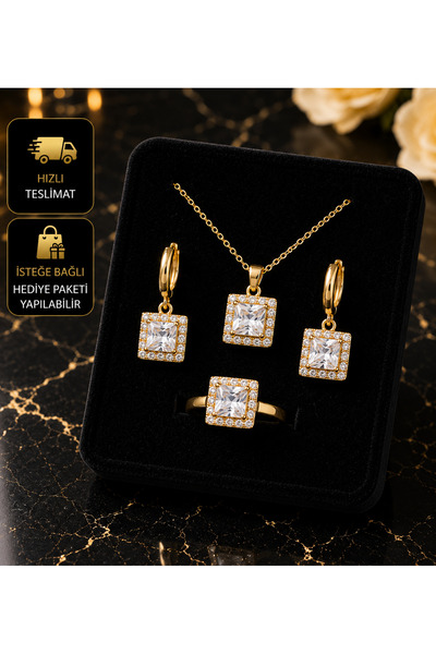 PURE BERRY 14K ALTIN-GÜMÜŞ KAPLAMA BAGET KOLYE-KÜPE-YÜZÜK SET