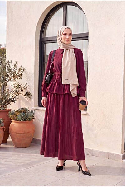 Modamorfo Ruffled Skirt, Buttoned Waist, Lace-Up Skirt Set - Burgundy