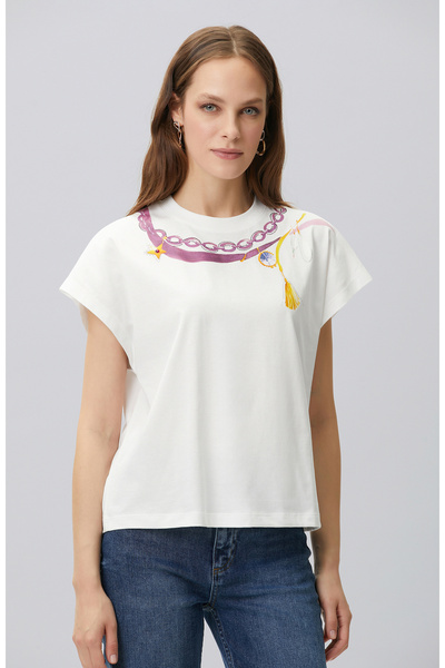 Network Kırık Beyaz Yaka Baskı Detaylı T-shirt